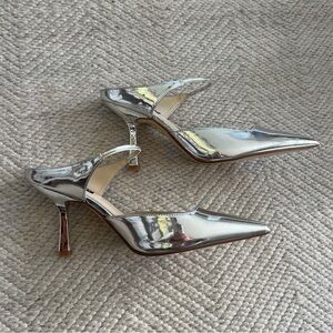 Nine West Metallic Silver Slingback Pointed Toe Mule Heels Size 9 NWOB